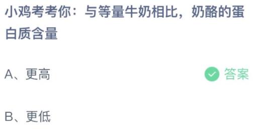 支付宝蚂蚁庄园小鸡考考你与等量牛奶相比奶酪的蛋白质含量 支付宝蚂蚁庄园小鸡考考你与等量牛奶相比奶酪的蛋白质含量